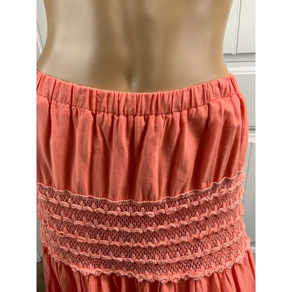 Eyeshadow Women's Tiered Midi Skirt Med Coral Elastic Waistband Boho Cottagecore